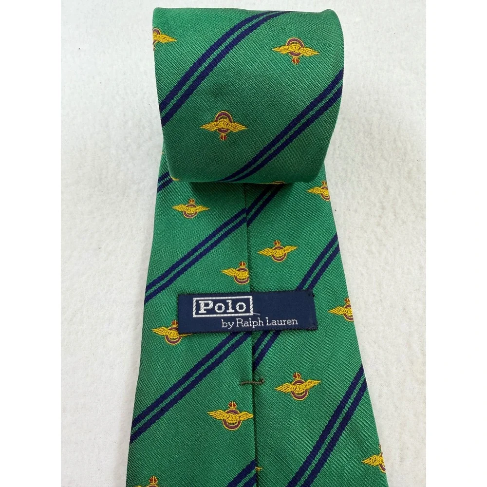 Polo Ralph Lauren Silk Tie Green Navy Blue Striped Gold Crest Embroidered Mens